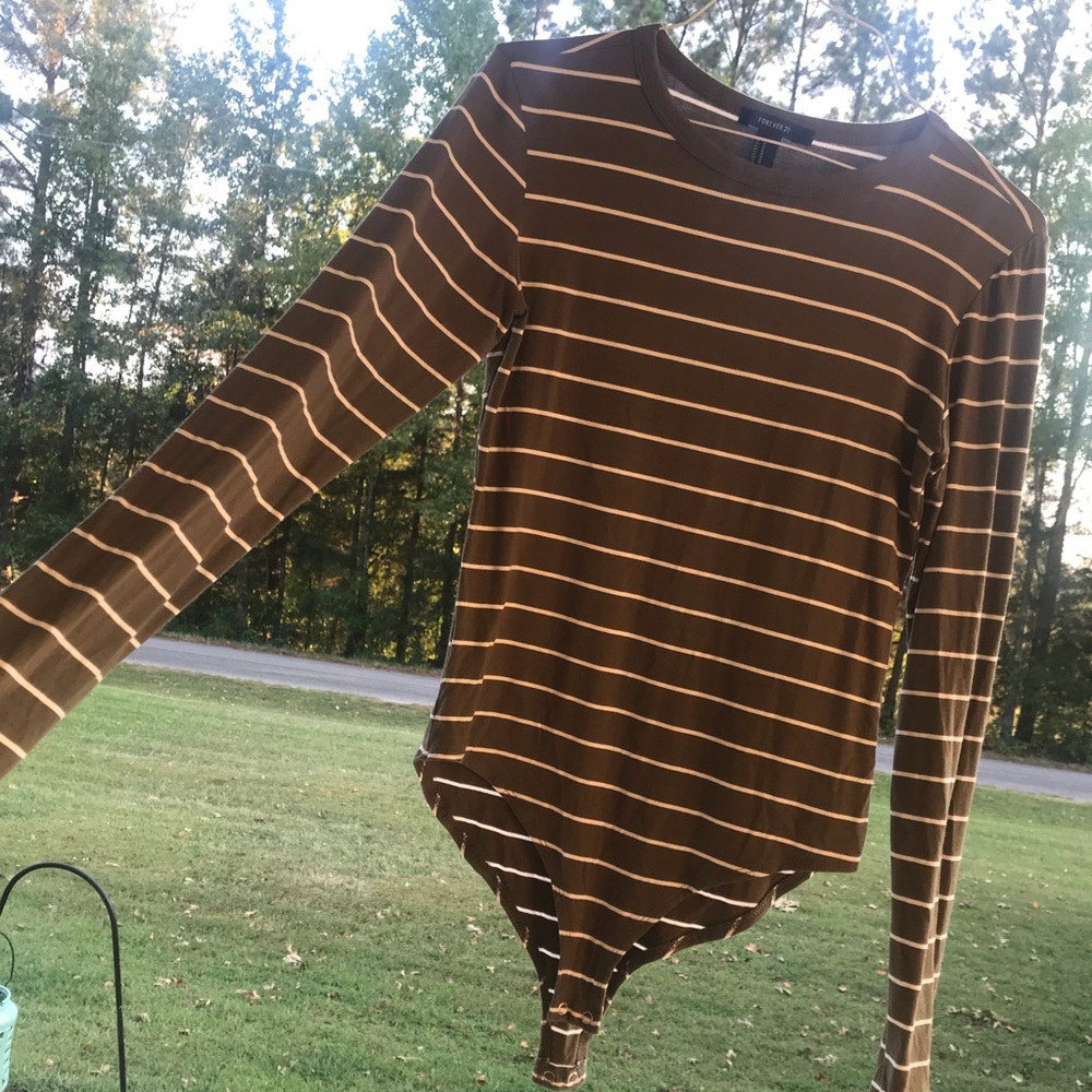 Long sleeve olive colored striped onesie